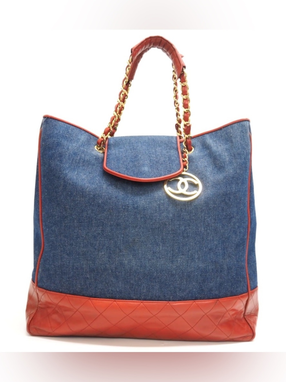 Authentic CHANEL denim red leather 1990s Jeans charm tote